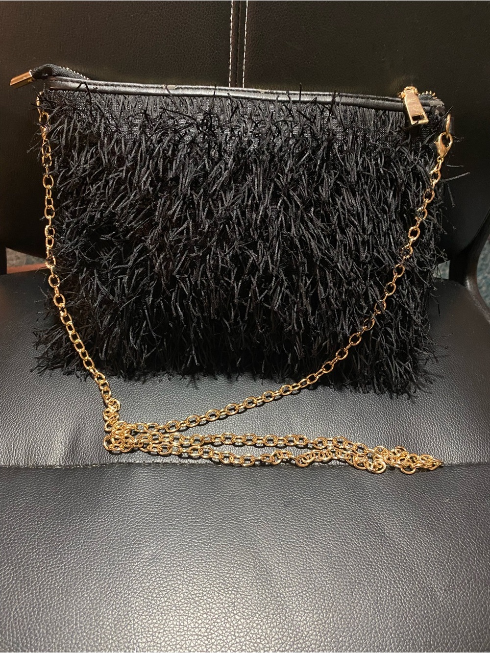 Unbranded Black Feather-Texture Fringe Chain Crossbody Shoulder Bag